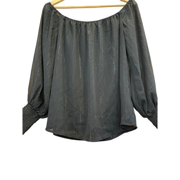 WAYF x BFF Sarah Silver Metallic & Black Off the Shoulder Top Sheer Long Sleeves - Picture 6 of 12